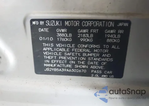 2010 Suzuki Sx4 Technology z USA, uszkodzony, nr VIN JS2YB5A39A6302670